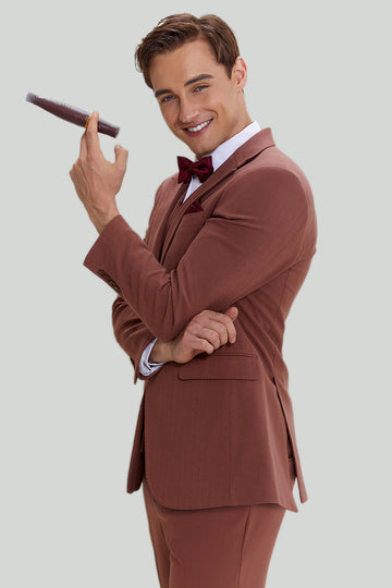 Castanho Fato Formal Lapela Entalhada